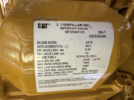 Caterpillar 3516 engine information data plate.