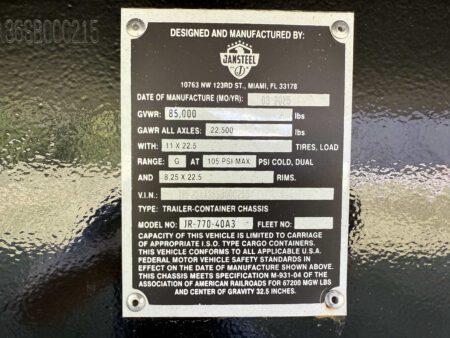 Manufacturer’s data plate for generator trailer chassis.