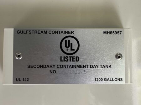 UL 142 certification plate for generator’s secondary containment fuel tank.