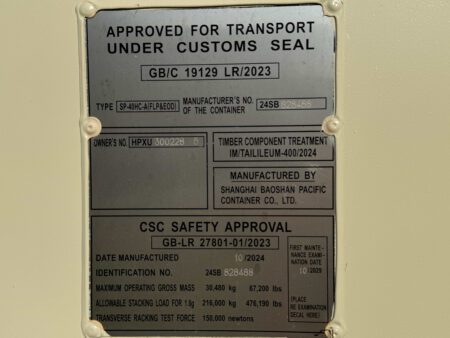 Container safety and approval data plate.