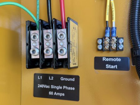 Remote start terminal block labeled for 240V single-phase 60A connection.
