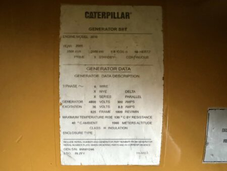 Caterpillar 3516 generator set nameplate showing specifications and ratings.