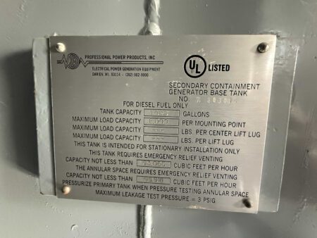 UL 142 secondary containment generator base tank data plate showing specifications for diesel fuel storage.