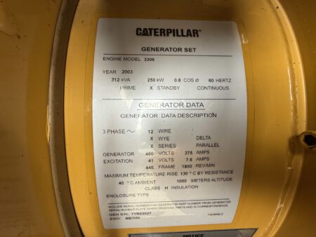 Caterpillar 2003 3306 generator set data plate showing 250kW standby rating, 480V output, and 375A capacity.