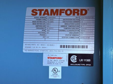 Stamford generator end nameplate with serial number and specifications.