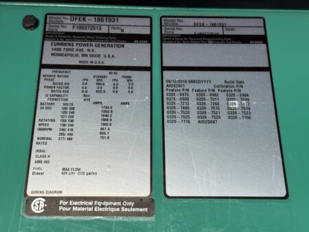 Serial and part number tags attached to Cummins QSX15 engine.
