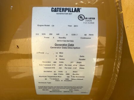 Nameplate data label on 2011 CAT C9 250 kW diesel generator