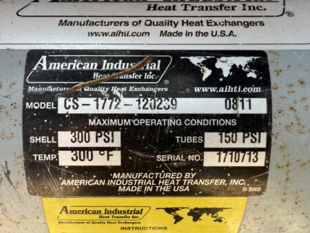 American Industrial Heat Transfer Inc. heat exchanger nameplate with operating conditions
