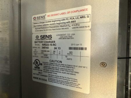 SENS NRG22 battery charger nameplate with specifications