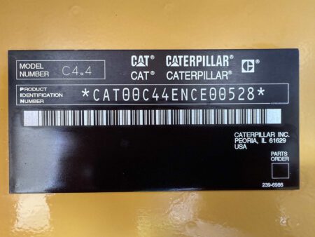 Caterpillar C4.4 generator identification tag with product ID.